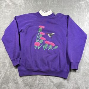 Vintage Hummingbird Sweatshirt Womens Large Purple Thistle 80s Grandma Cottage